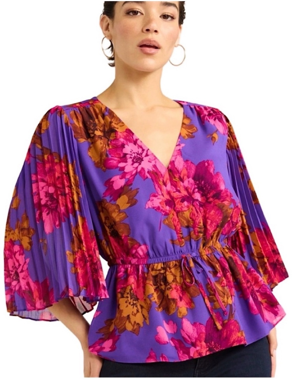 sofia by sofia vergara Purple Floral V-Neck Blouse with Pink and Gold Flowers